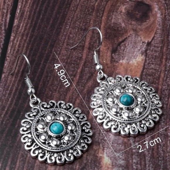 Any 2/$20! Silver Dimpled Boho Turquoise Drop Earrings - Picture 4 of 6